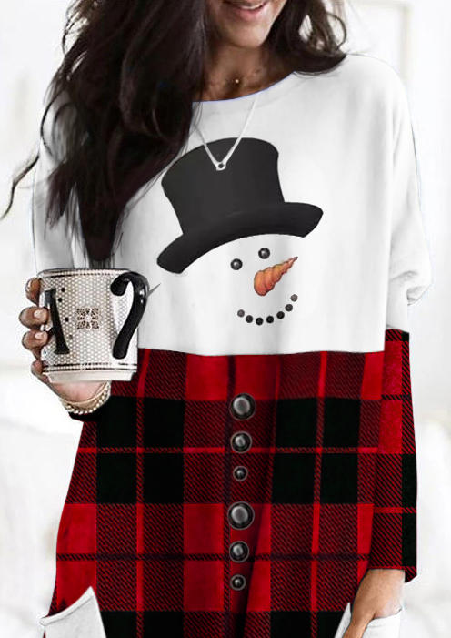 Snowman Pocket Plaid Long Sleeve Mini Dress