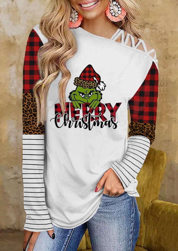 

Merry Christmas Cartoon Buffalo Plaid Striped Leopard Blouse - White, 523987