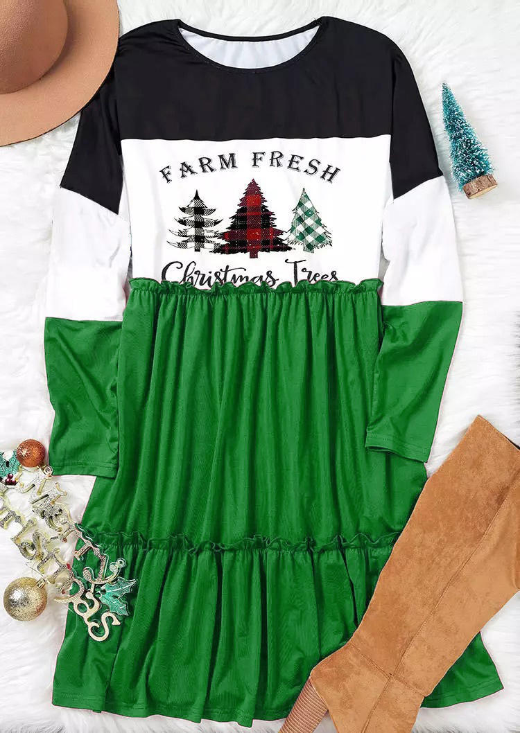 Christmas Tree Plaid Color Block Ruffled Mini Dress - Green