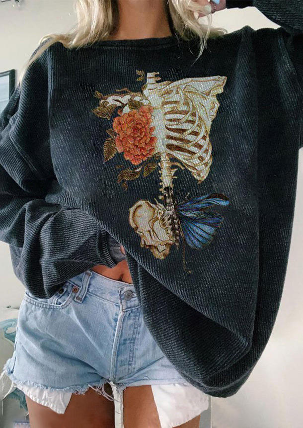 

Floral Skeleton Long Sleeve Sweatshirt - Black, 524039
