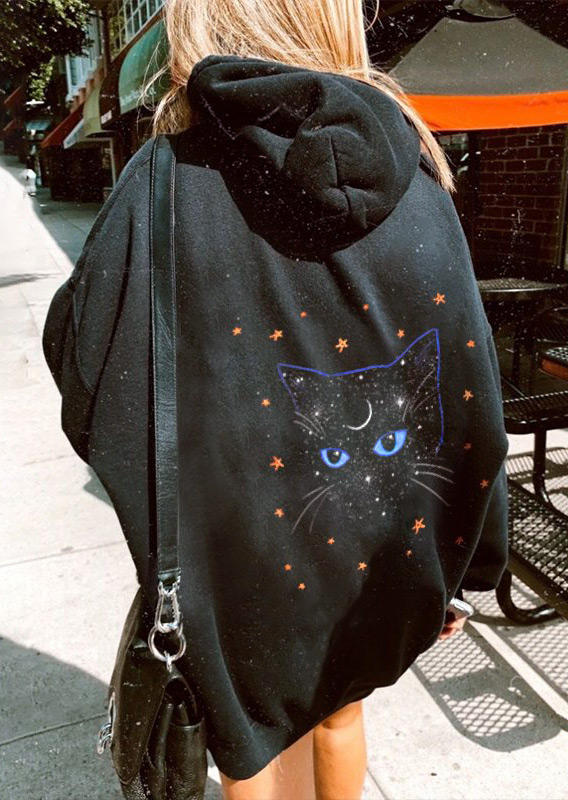 

Starry Cat Long Sleeve Hoodie - Black, 524046