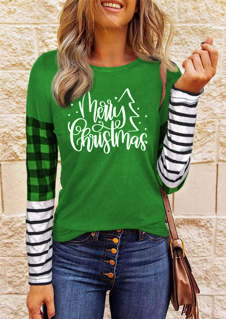 

Merry Christmas Plaid Striped Splicing Blouse - Green, 524062