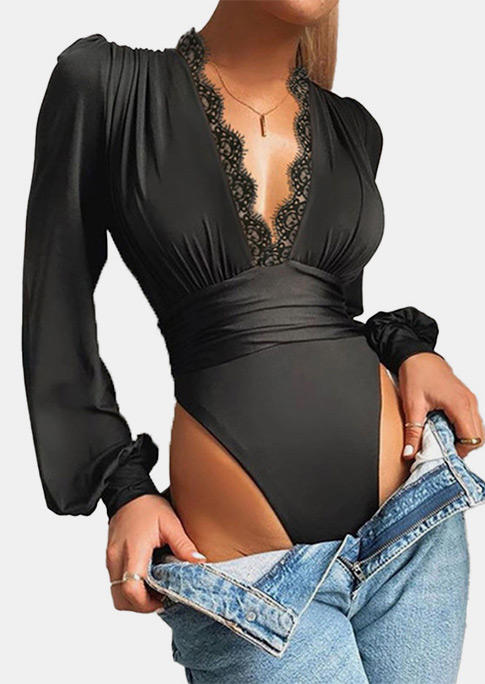 

Lace Long Sleeve V-Neck Bodysuits - Black, 524072