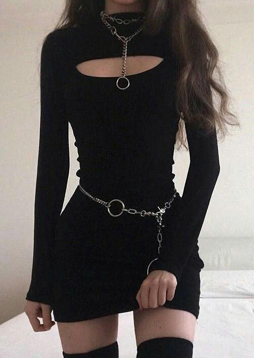 

Hollow Out Long Sleeve Bodycon Dress - Black, 524183