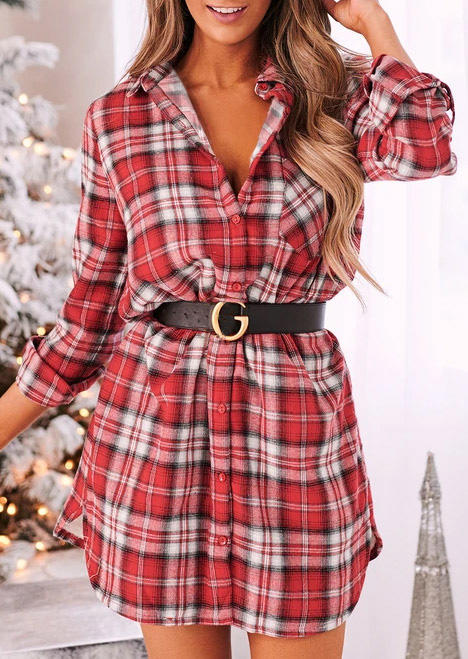 

Plaid Button Turn-down Collar Mini Dress, 524194