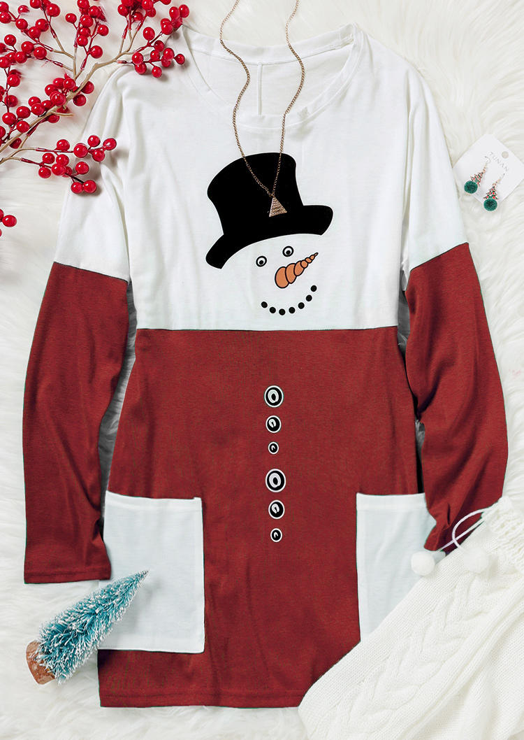 Snowman Pocket Color Block Mini Dress - Red