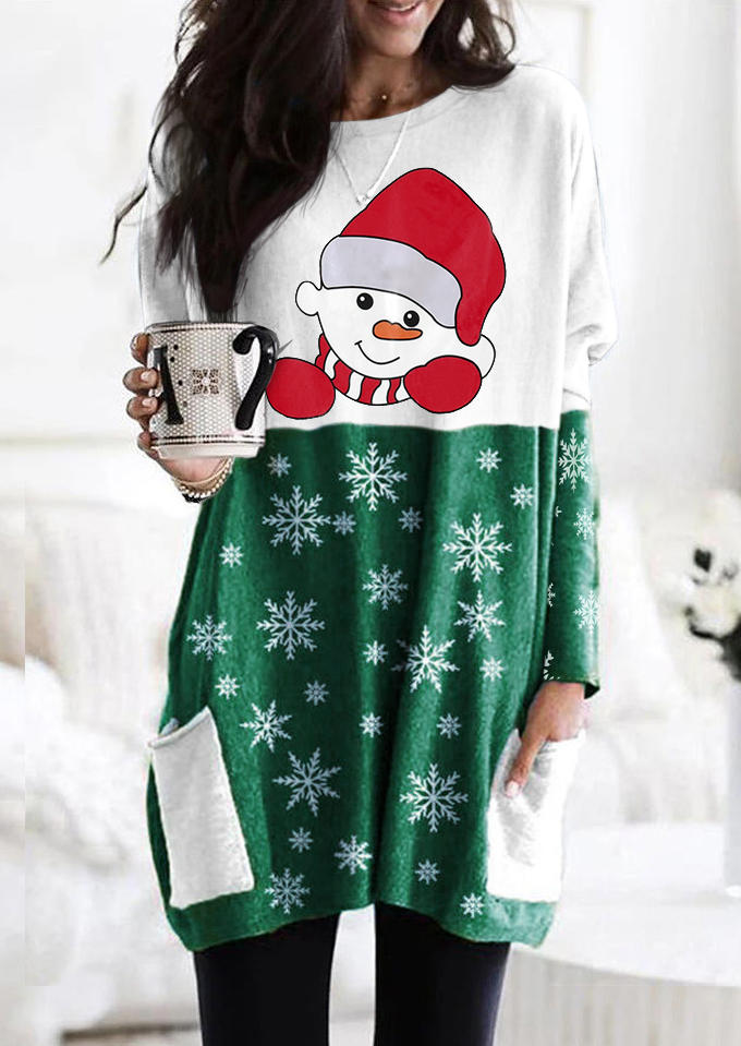 

Christmas Snowman Color Block Pocket Mini Dress - Green, 523456