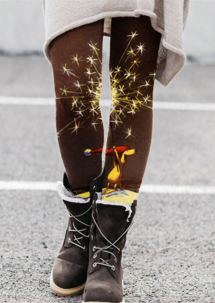 

Christmas Elastic Waist Skinny Leggings - Coffee, 523493