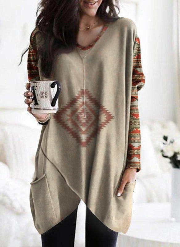 

Aztec Geometric Western Pocket Mini Dress - Khaki, 523601