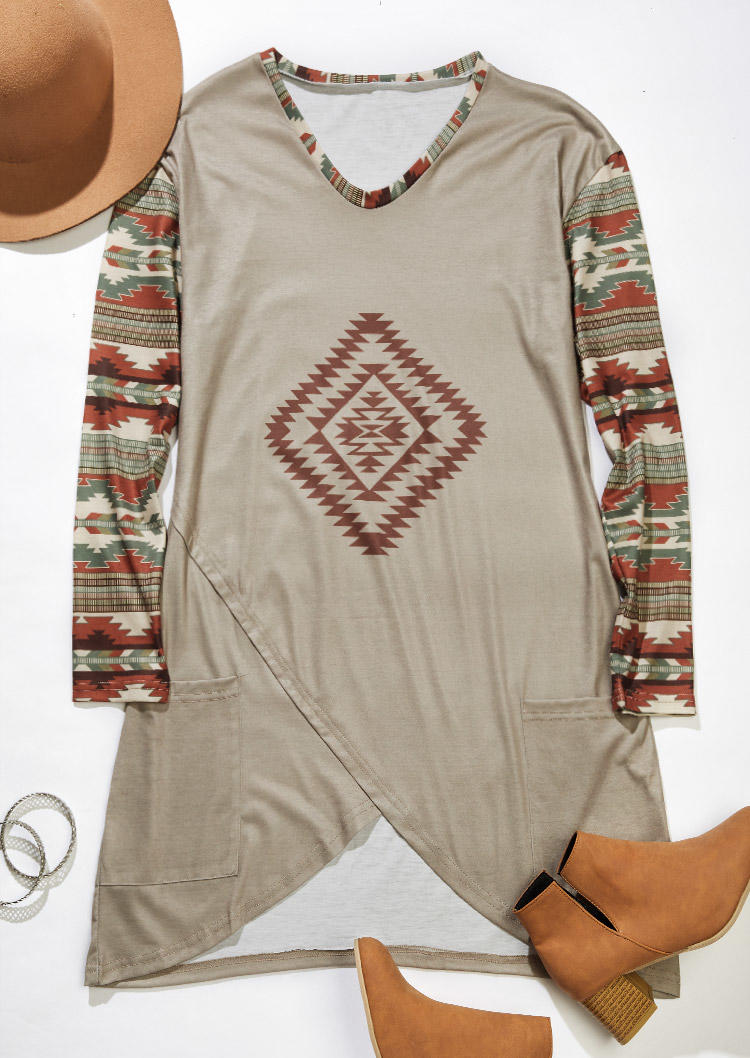 Buy Aztec Geometric Western Pocket Mini Dress - Khaki. Picture