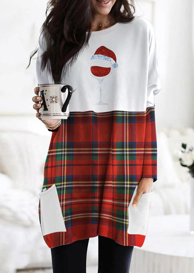 

Christmas Hat Wine Glass Plaid Pocket Mini Dress, 523602