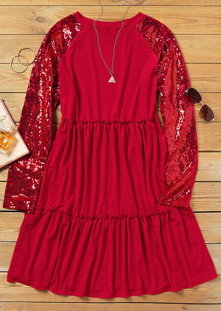 Sequined Splicing Ruffled Long Sleeve Mini Dress - Red