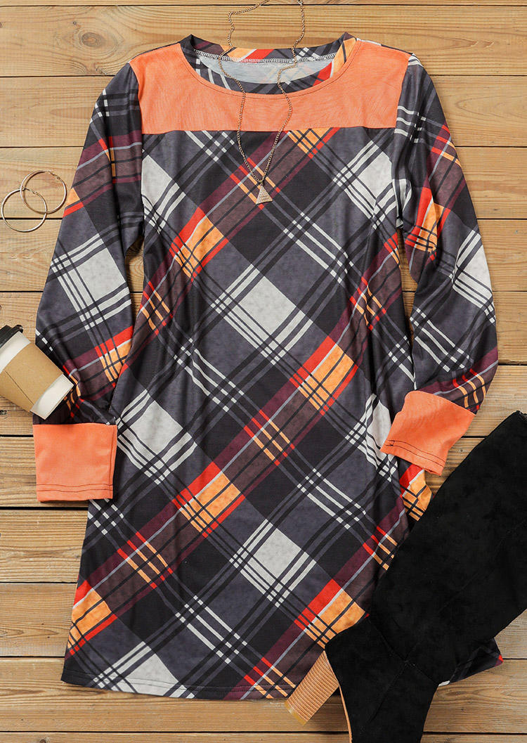 Plaid Splicing Long Sleeve Mini Dress