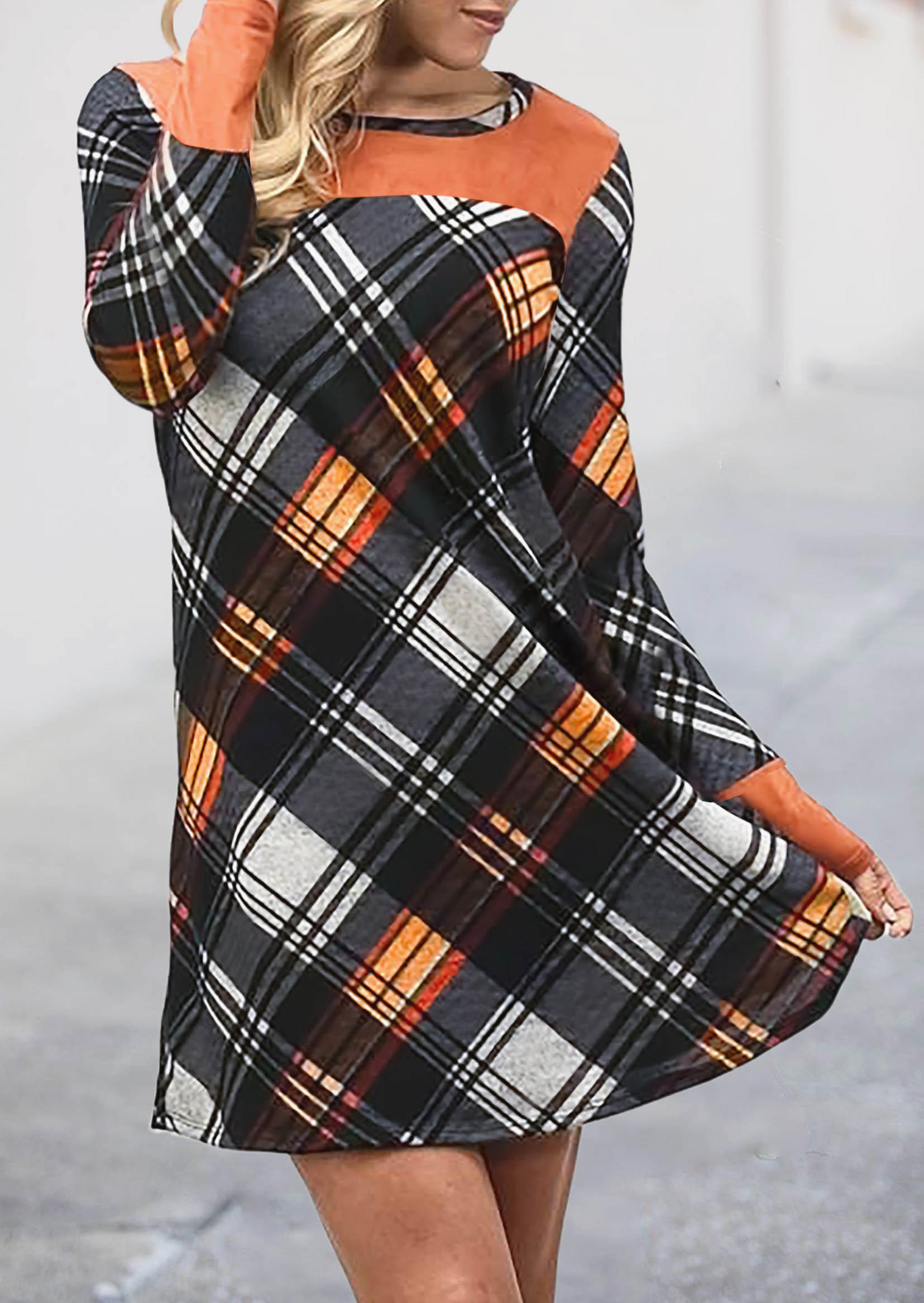 Plaid Splicing Long Sleeve Mini Dress