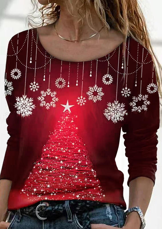 

Christmas Tree Snowflake Long Sleeve Blouse - Red, 523635