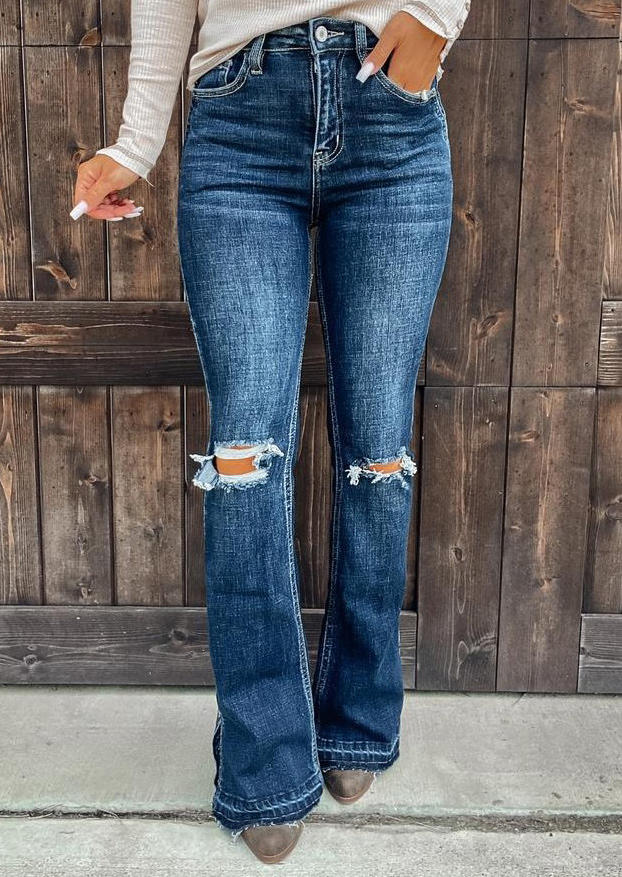 

Ripped Hole Button Pocket Denim Flare Pants - Blue, 523782