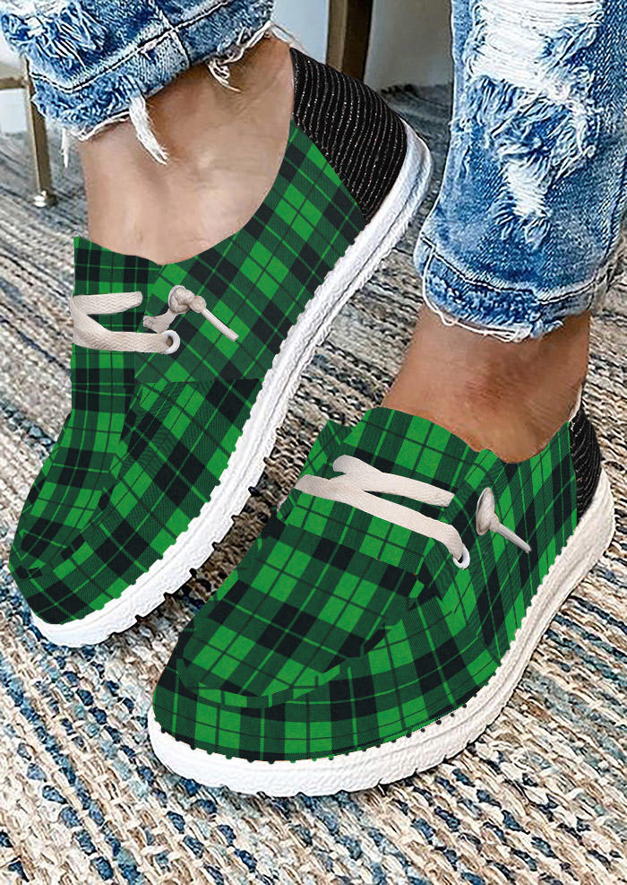 

Lace Up Plaid Round Toe Sneakers - Green, 523894