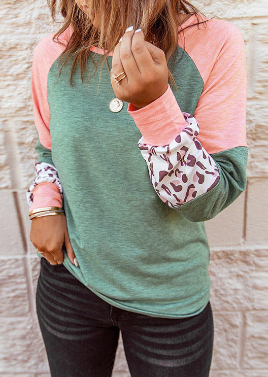 

Leopard Color Block Long Sleeve Blouse - Light Green, 523906