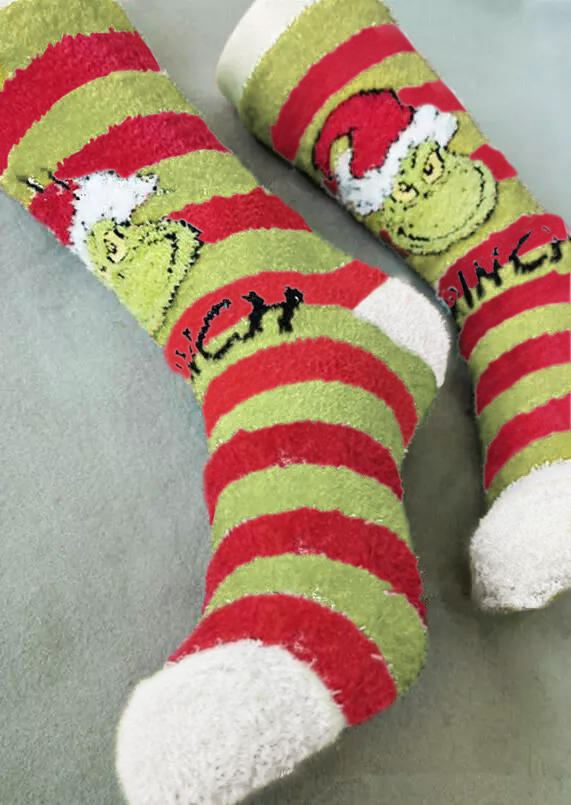 

Christmas Cartoon Striped Warm Plush Crew Socks, Multicolor, 524178