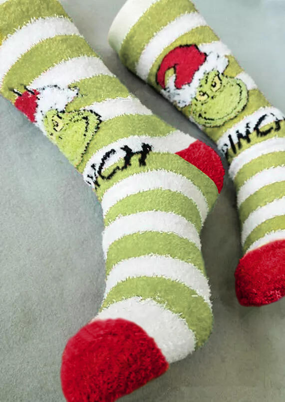 

Christmas Striped Warm Plush Crew Socks - Green, 524181