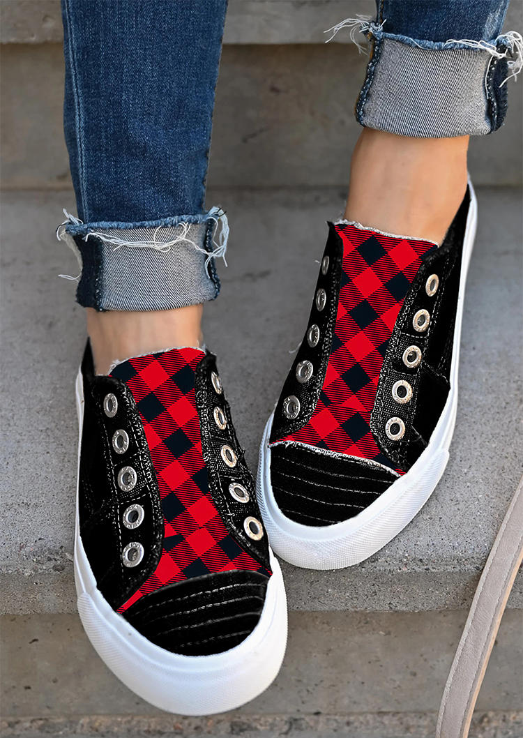 

Plaid Slip-On Round Toe Flat Sneakers - Black, 524185