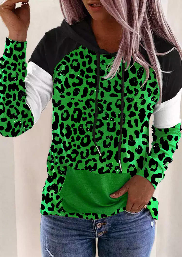 Buy Leopard Pocket Drawstring Hoodie - Green. Picture