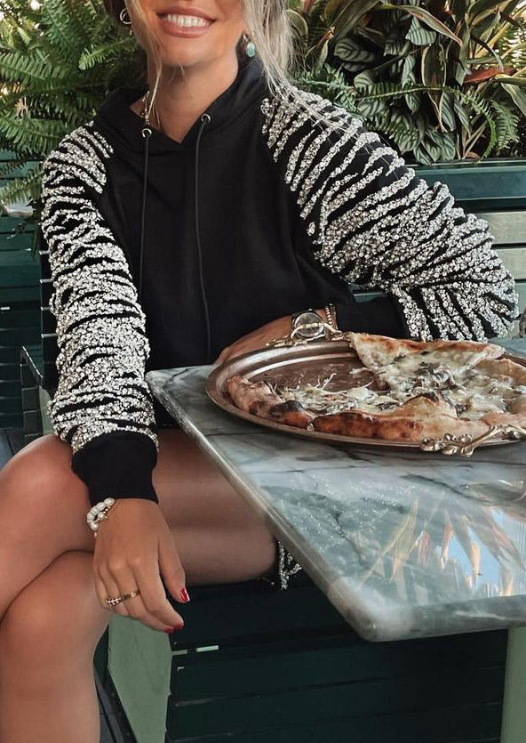 

Sequined Long Sleeve Pullover Hoodie - Black, 524244