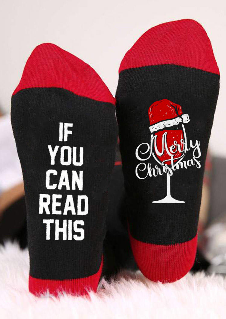 

Merry Christmas Hat Wine Glass Crew Socks, Black, 524258