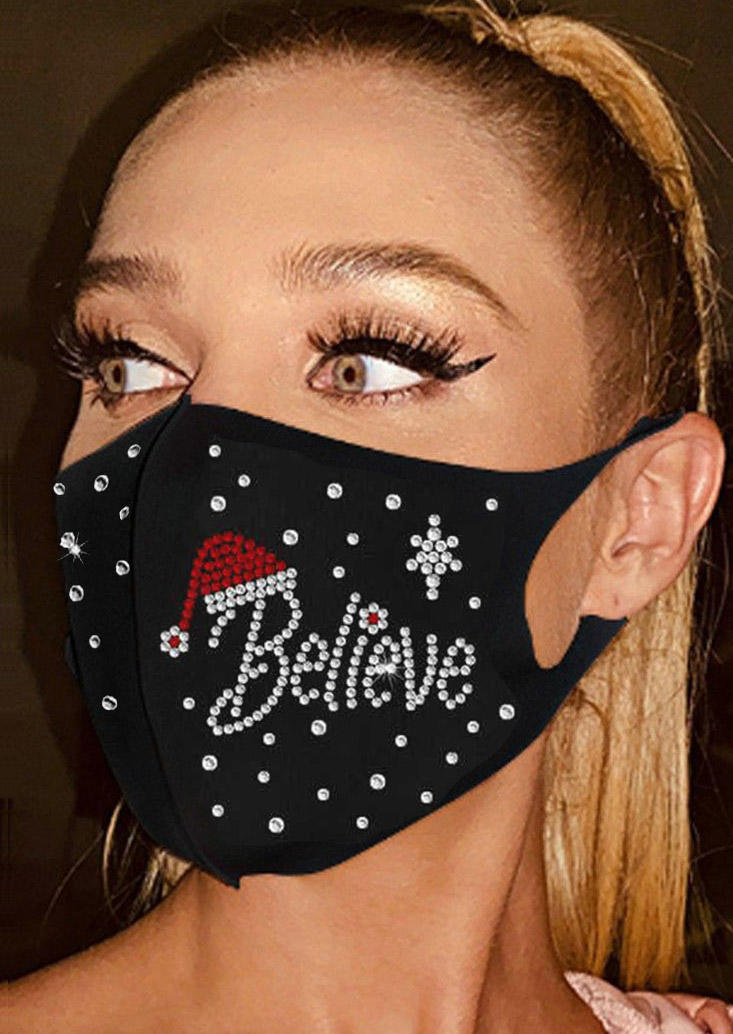 

Christmas Hat Believe Rhinestone Breathable Mask - Black, 524332