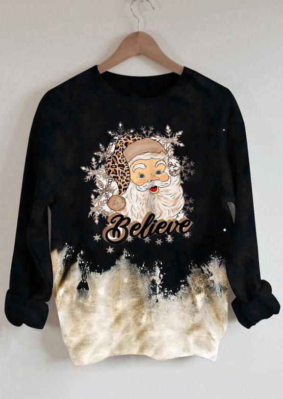 

Christmas Leopard Santa Claus Believe Bleached Sweatshirt - Black, 524350