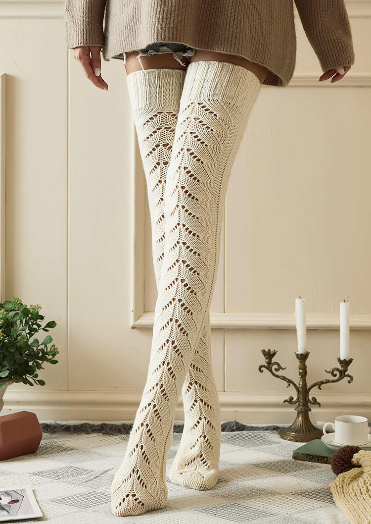 

Hollow Out Warm Over Knee Long Socks, White, 518949