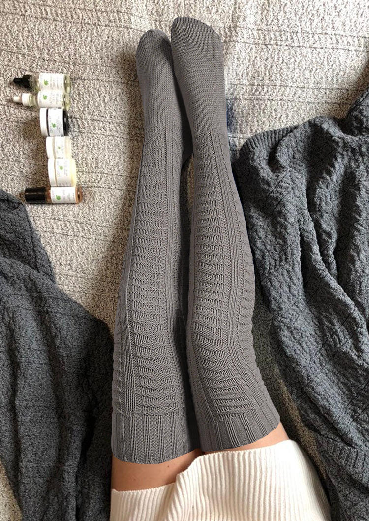 

Knitted Thigh-High Socks, Gray, 521312