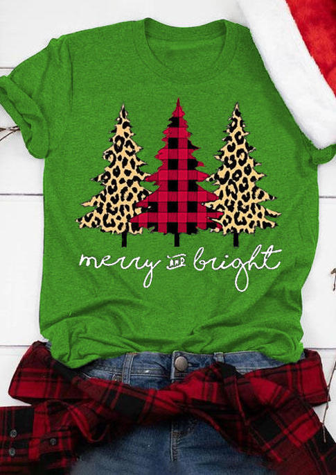 Plaid Leopard Tree Merry And Bright T-Shirt Tee - Gray