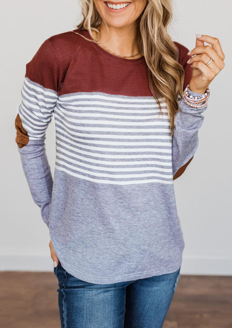 

Color Block Striped Elbow Patch Blouse, Multicolor, 521936