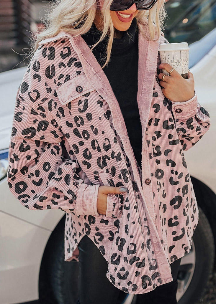 

Leopard Pocket Button Long Sleeve Coat - Pink, 522850