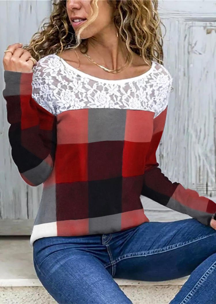 

Lace Splicing Plaid Long Sleeve Blouse, 523720