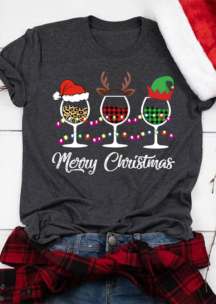 

Merry Christmas Hat Wine Glass T-Shirt Tee - Dark Grey, 523810