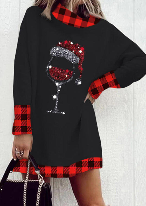 Christmas Plaid Wine Glass Mini Dress - Black