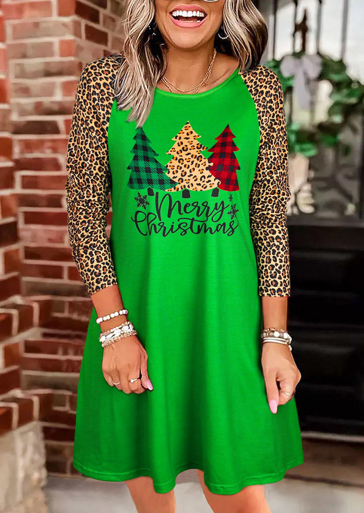 

Leopard Plaid Long Sleeve Mini Dress - Green, 523909
