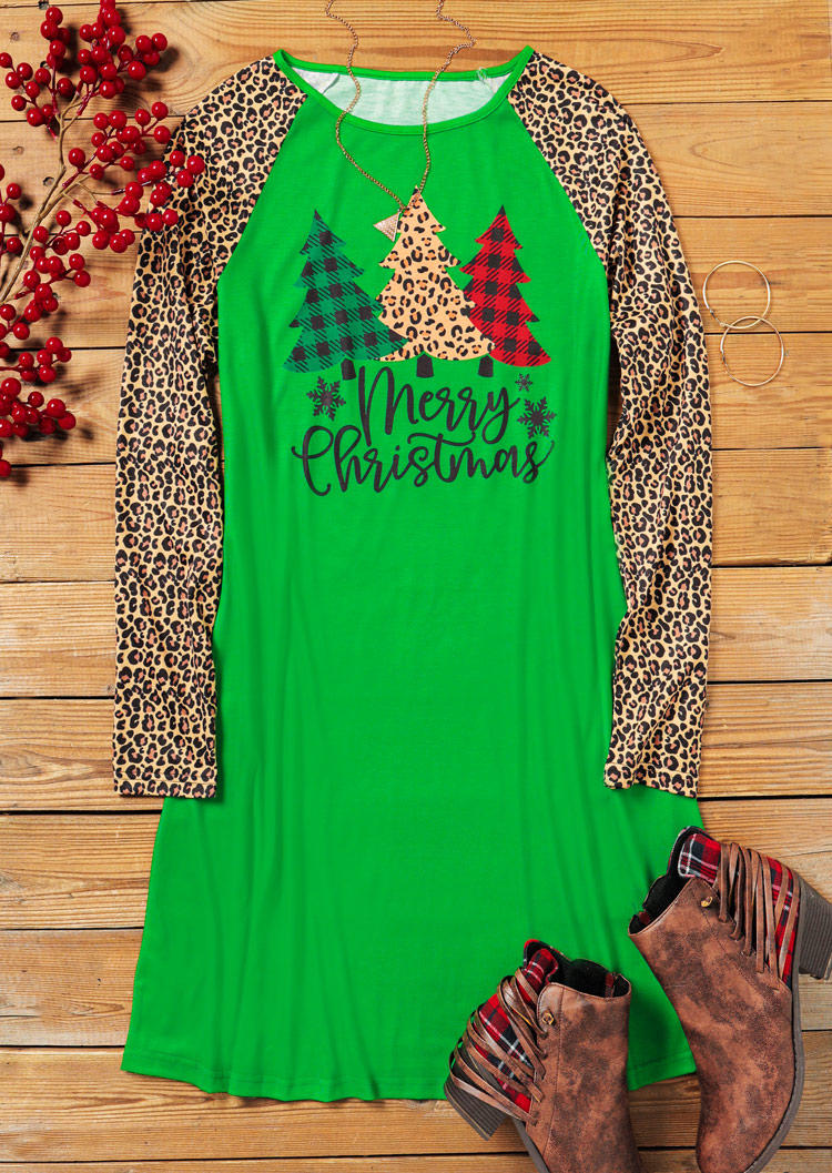 Merry Christmas Leopard Plaid Mini Dress - Green