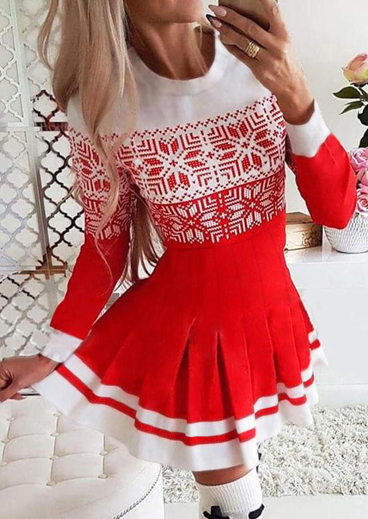 

Christmas Snowflake Pleated Mini Dress - Red, 524002