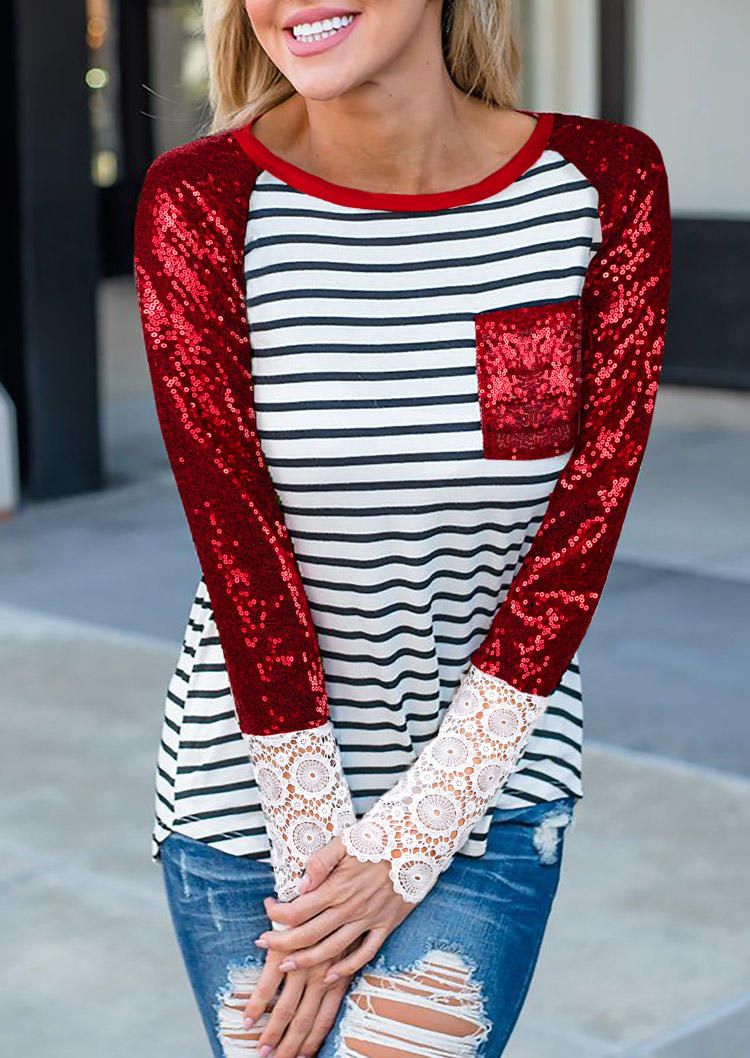 Sequined Pocket Splicing Lace Striped Blouse