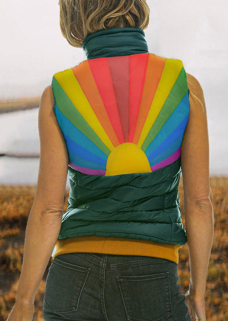 

Rainbow Stand Collar Parka Vest Coat - Dark Green, 524358