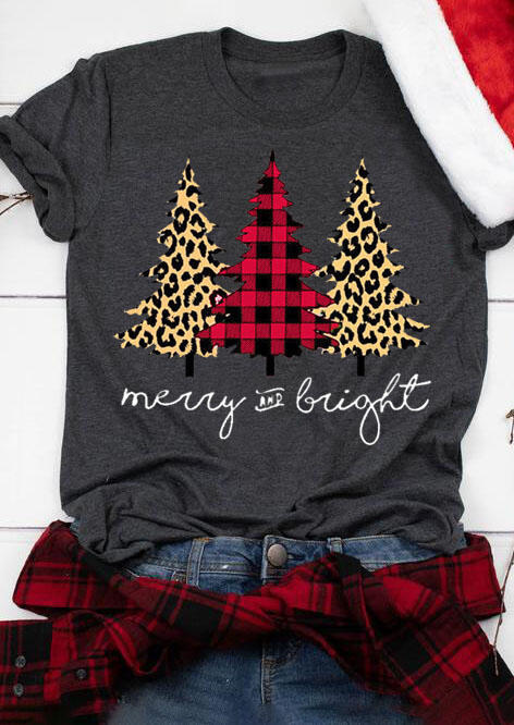 Plaid Leopard Tree Merry And Bright T-Shirt Tee - Green