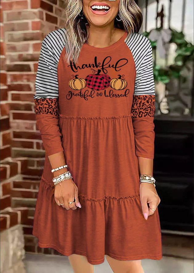 

Thankful Striped Plaid Pumpkin Leopard Ruffled Mini Dress, Orange, 522530