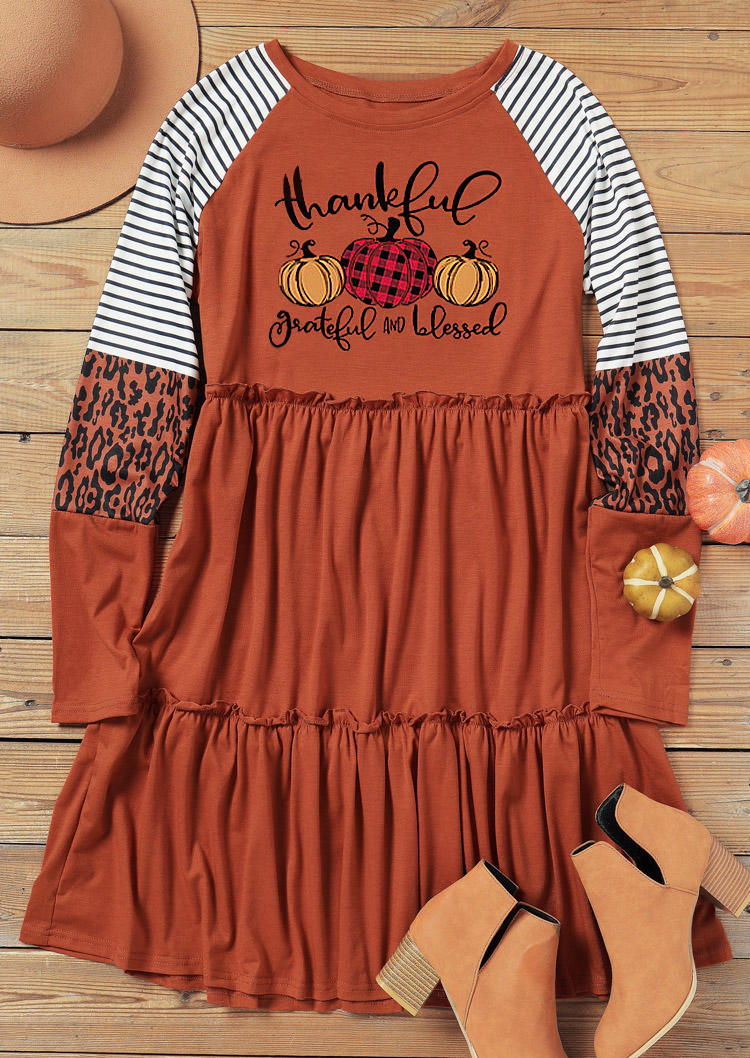 Thankful Striped Plaid Pumpkin Leopard Ruffled Mini Dress