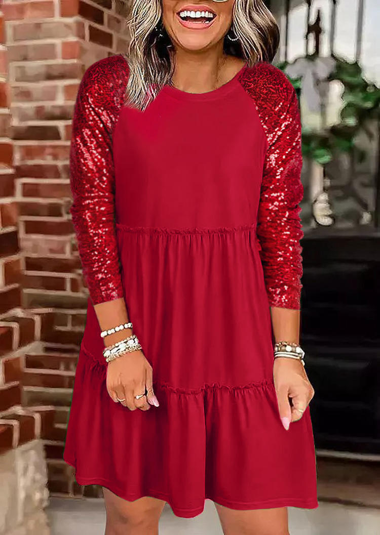

Sequined Splicing Ruffled Long Sleeve Mini Dress - Red, 523607