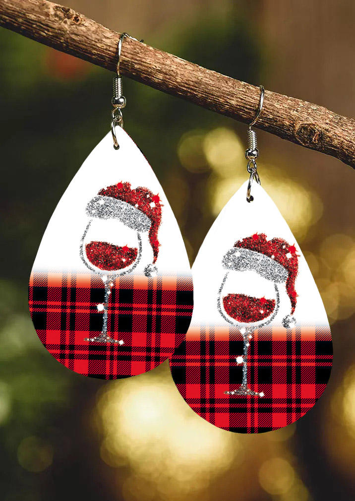 

Christmas Hat Wine Glass Plaid Earrings, White, 523957