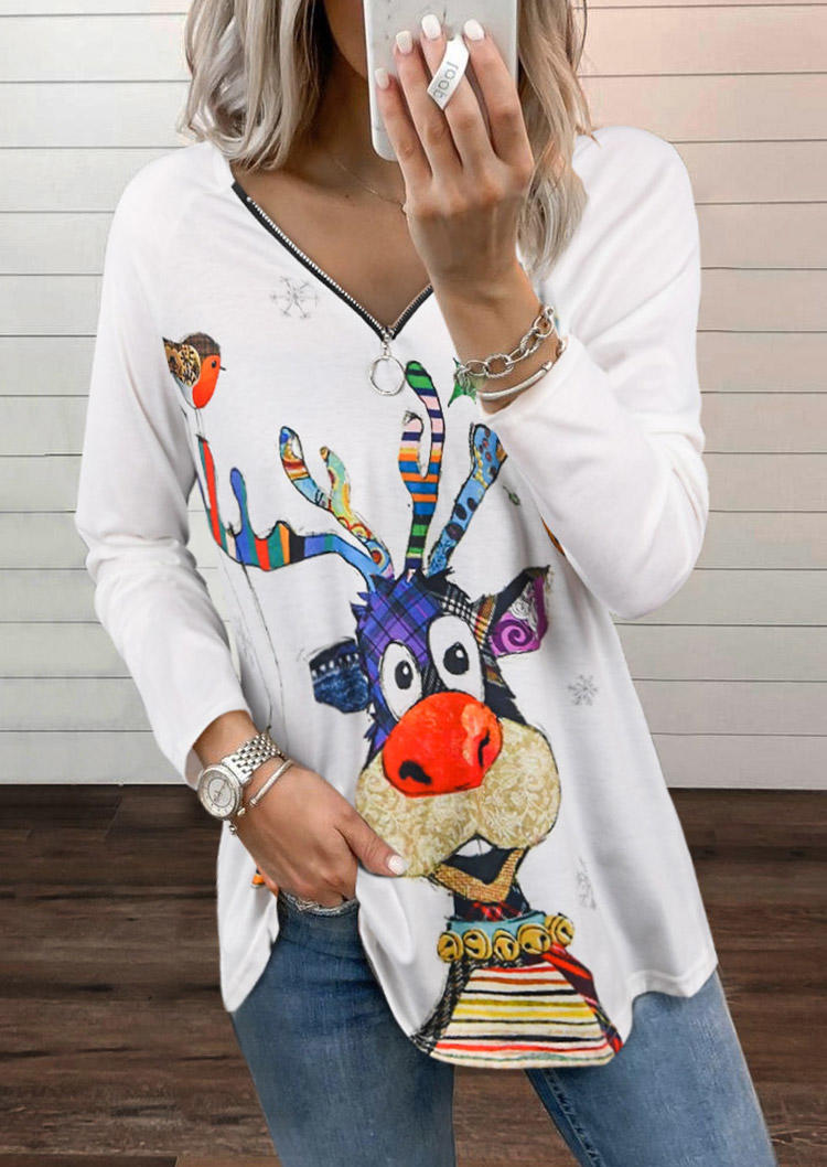 

Christmas Reindeer Zipper Long Sleeve Blouse - White, 524160