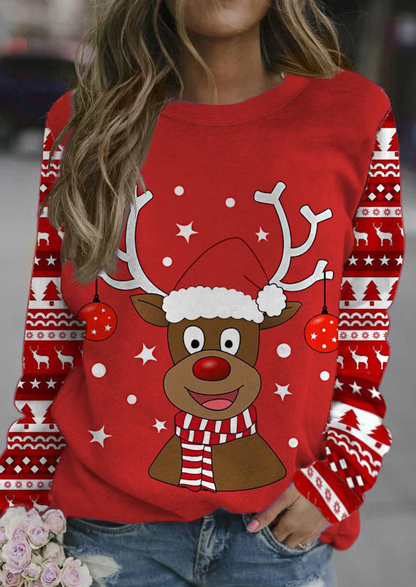 Reindeer Tree Star Long Sleeve Blouse - Red 524480